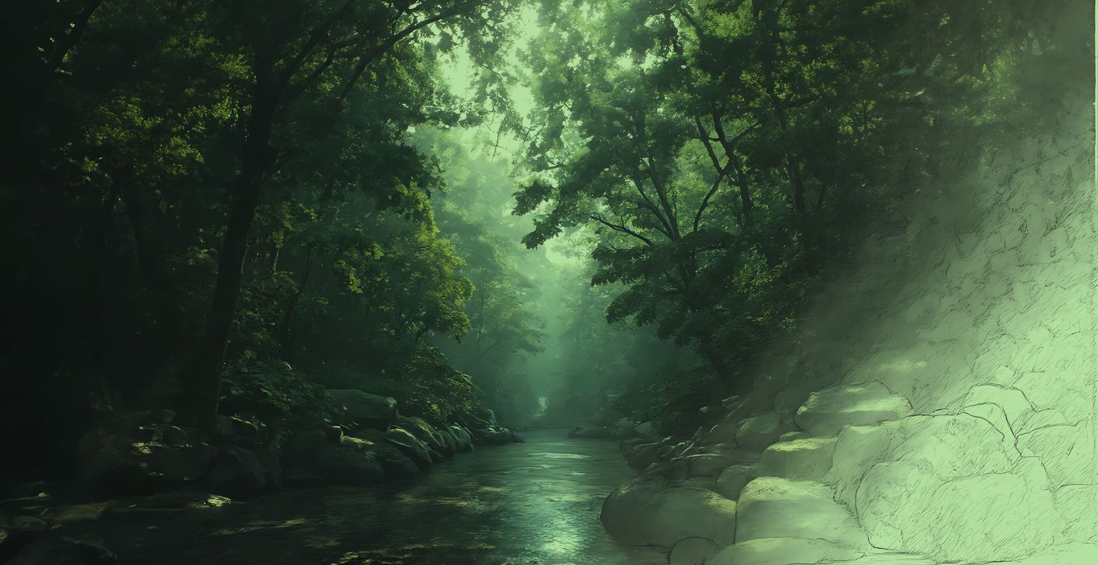 Sunlight passing through a dense forest at Vizraama