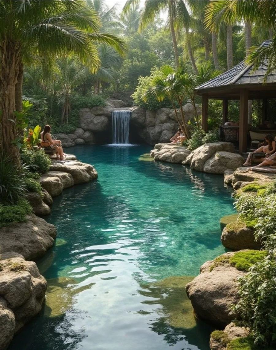 Nature-inspired pool among rocks and greenery